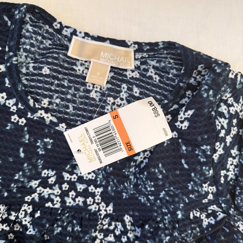 Michael Kors Blue Ribbed Short Sleeve Blouse